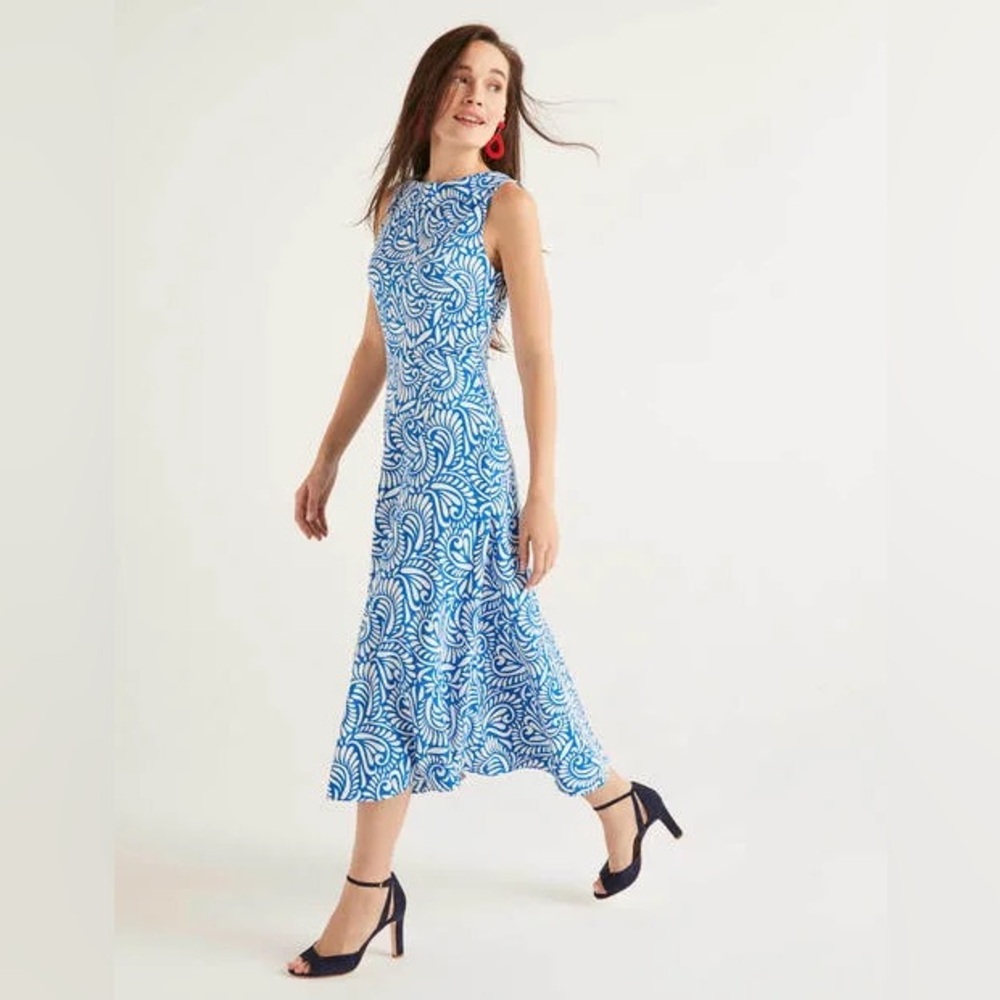 Boden Clarissa Midi Dress Bold Blue Fern Swirl 12L New with tags